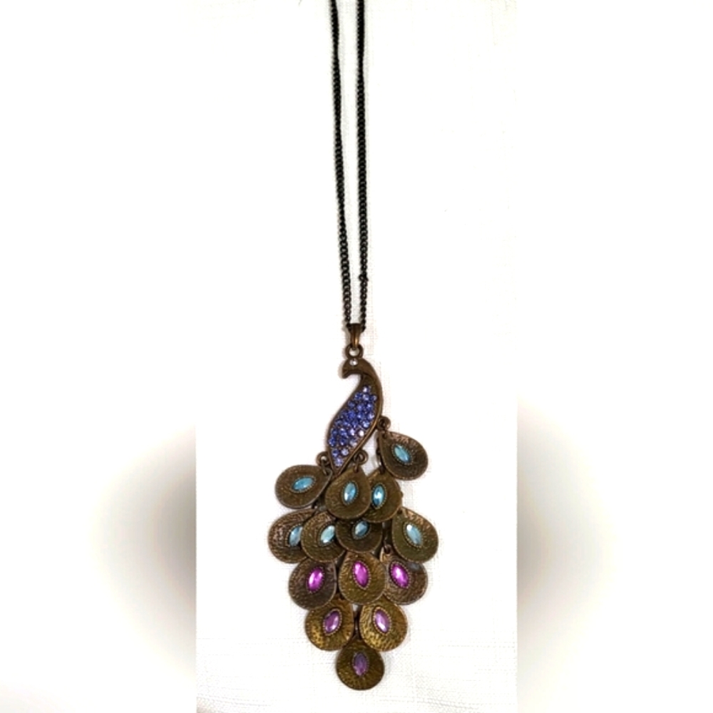 Beaded peacock bronze toned long necklace‎